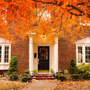 Foto eines Hauses mit Dachrinne im Herbstlaub, geschützt durch ein schwarzes Relaxdays Dachrinnenschutzgitter.