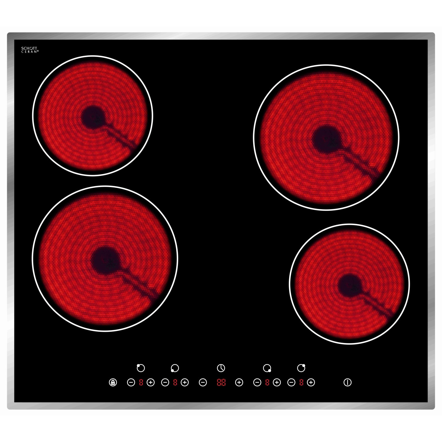 Schwarzes Cerankochfeld mit vier Kochzonen, glühend rot, für Held Küchenzeile.