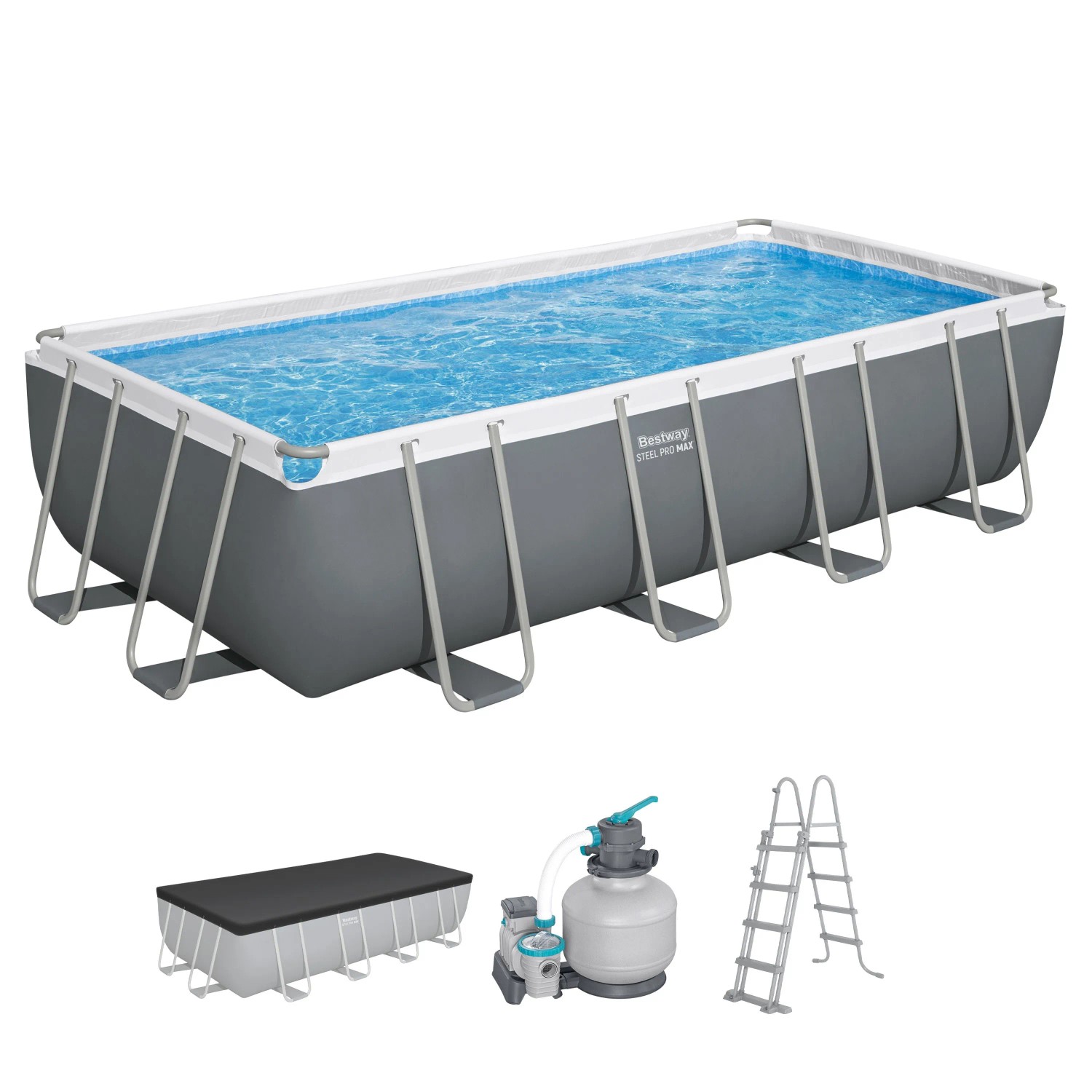 Bestway Steel Pro MAX Pool, 549x274x122 cm, grau, eckig, mit Sandfilteranlage und Zubehör.
