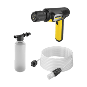 Kärcher OC Handheld Compact Mitteldruckreiniger, schwarz-gelb, mit Schaumflasche und weißem Ansaugschlauch für mobile Reinigung.