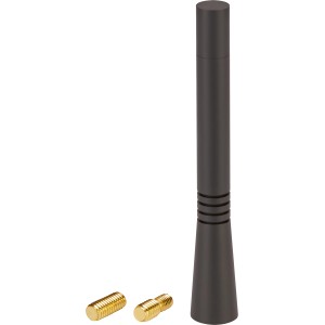 Schwarze OBI Alu-Antenne (10 cm) für Kfz mit goldenen Gewindeadaptern.