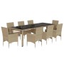 9-teilige Garten-Essgruppe Beige Poly Rattan mit Glasplatte und Kissen.