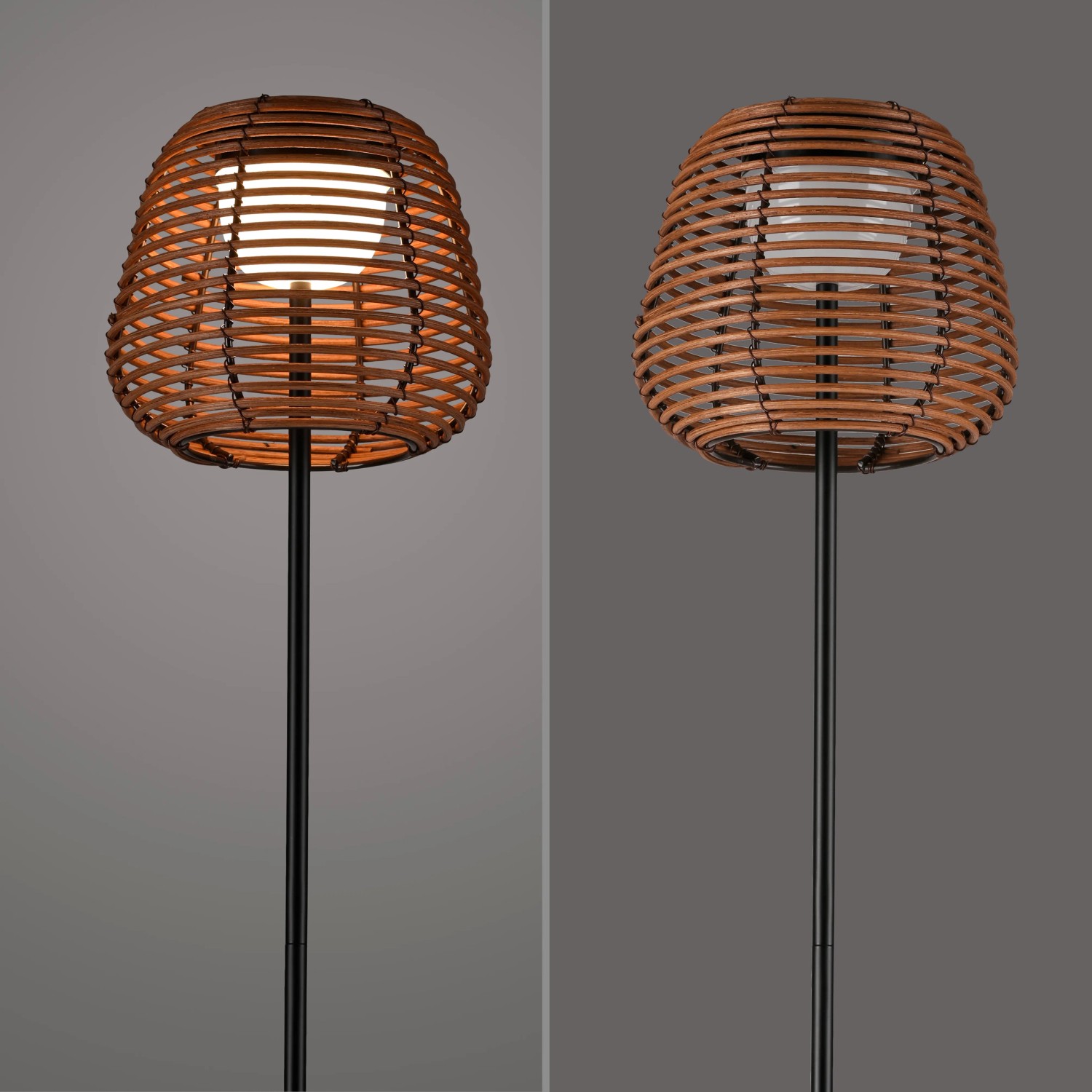 LED-Akku-Stehleuchte Askia, 120cm, Rattanschirm, schwarz. Dekoleuchte für stimmungsvolles Licht.