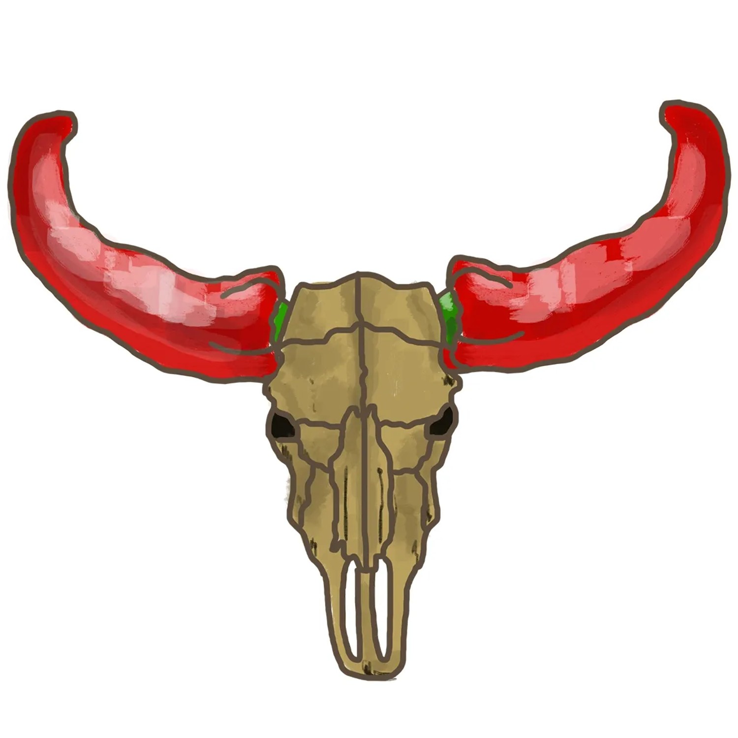 Illustration eines Bullenschädels mit roten Blu Bio-Bullhorn-Chili als Hörner.