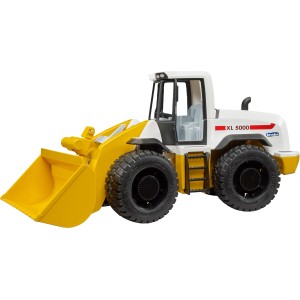 Bruder Spielzeug Gelenkradlader: gelb-weißer Spielzeugradlader mit Schaufel und Knicklenkung.