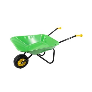 Grüne Galaflor Kinderschubkarre aus Metall mit gelben Griffen und schwarzem Rad.