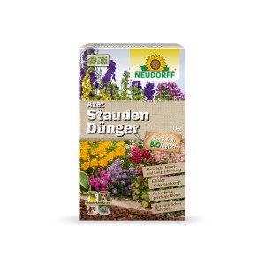 Neudorff Azet Stauden-Dünger 1 kg. Weißer Karton mit bunten Blüten. Organischer Dünger für farbenfrohe Stauden, Langzeitwirkung.