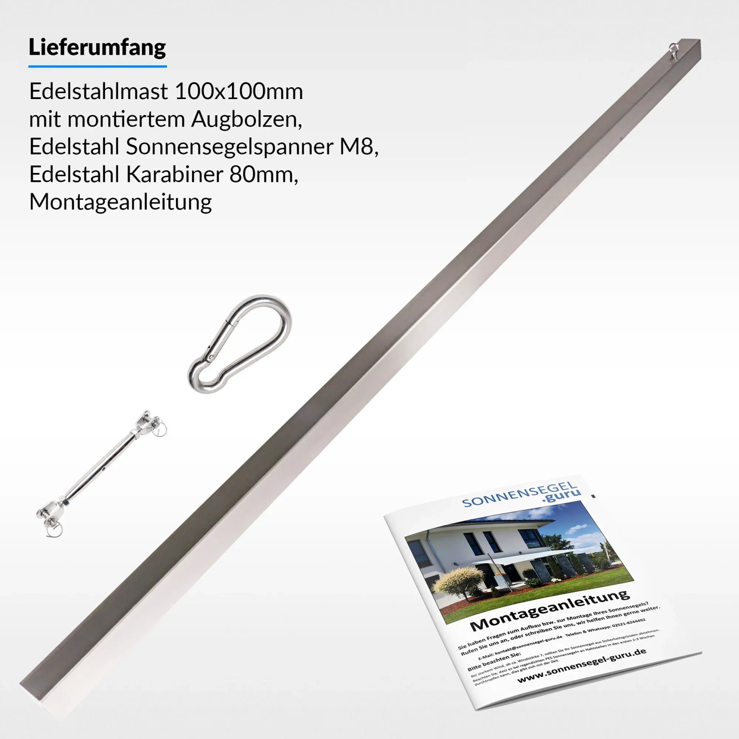 Toldoro Sonnensegelmast 2,5m mit Zubehör: Edelstahl Pfosten, Spanner, Karabiner und Montageanleitung.