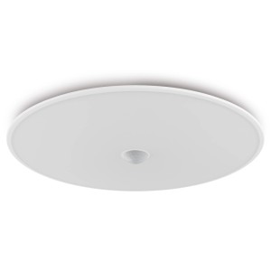 Weiße, flache Oktaplex Orta Deckenleuchte mit 360° Bewegungsmelder. Moderne LED-Deckenlampe für Flur, Bad, Keller.