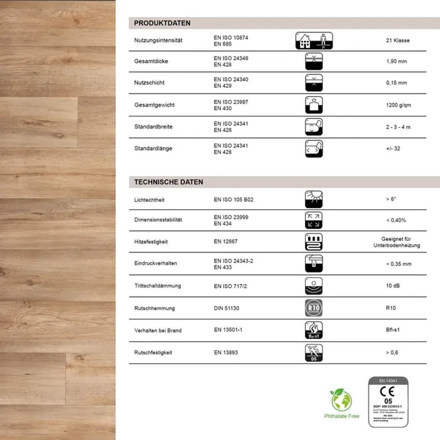 Detailansicht Karat CV Boden Atlantic Silk Oak, Holzoptik, technische Daten.