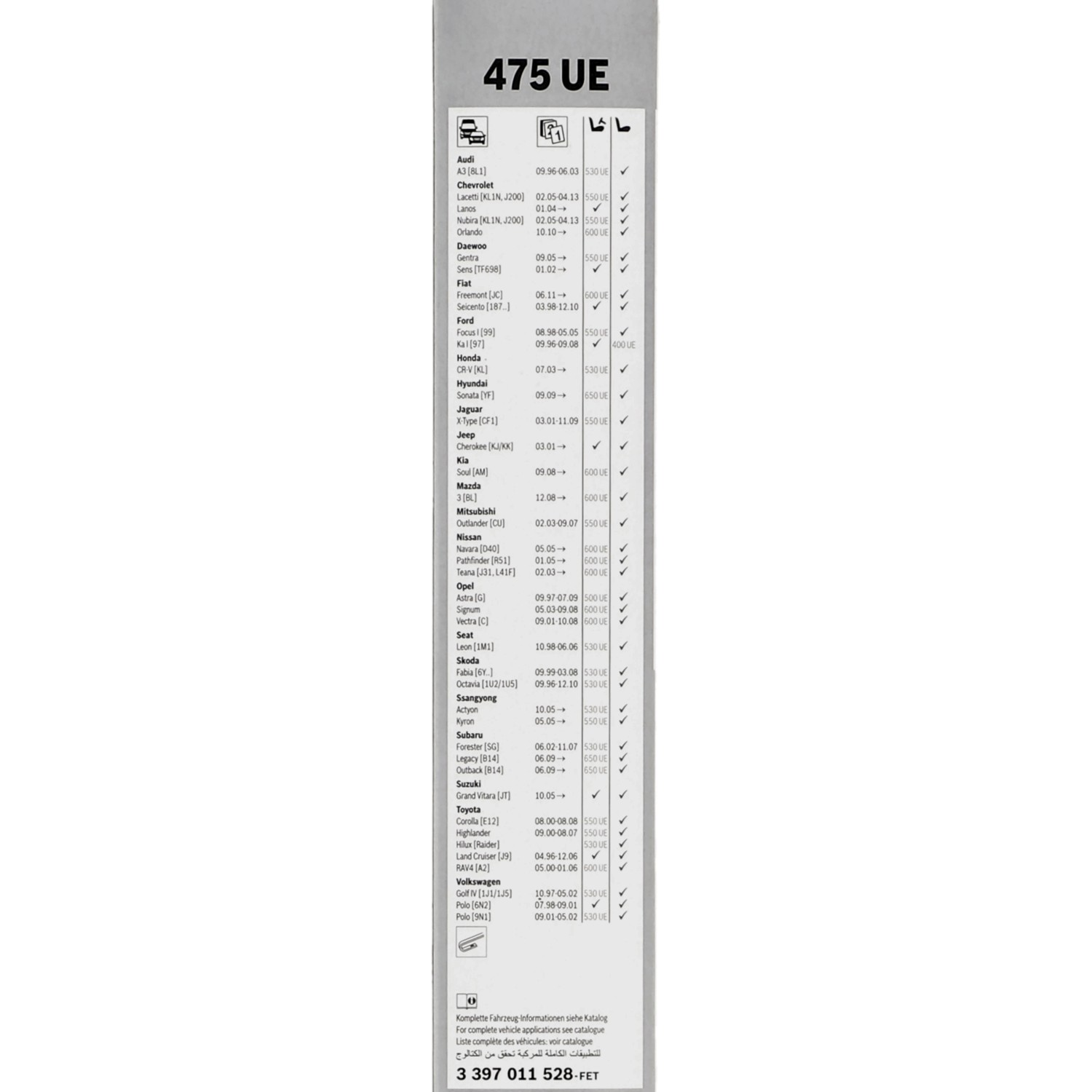 BOSCH Wischblatt ClassicWiper 475UE Verpackung mit Fahrzeugliste für Wartung & Reparatur.