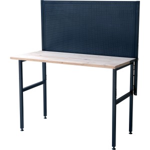 Klappbare Werkbank, 120 cm breit, mit Lochwand für Werkzeugaufhängung. Ideal für kleine Räume.