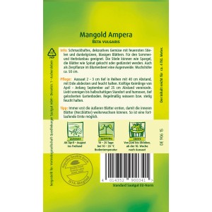 Samenpackung Quedlinburger Mangold Ampera mit roten Stielen und grünen Blättern.