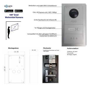 Goliath 2-Draht BUS IP Video Türsprechanlage, 1 Familie, 7 Zoll, schwarz/silber. Komplettset mit HD Kamera.