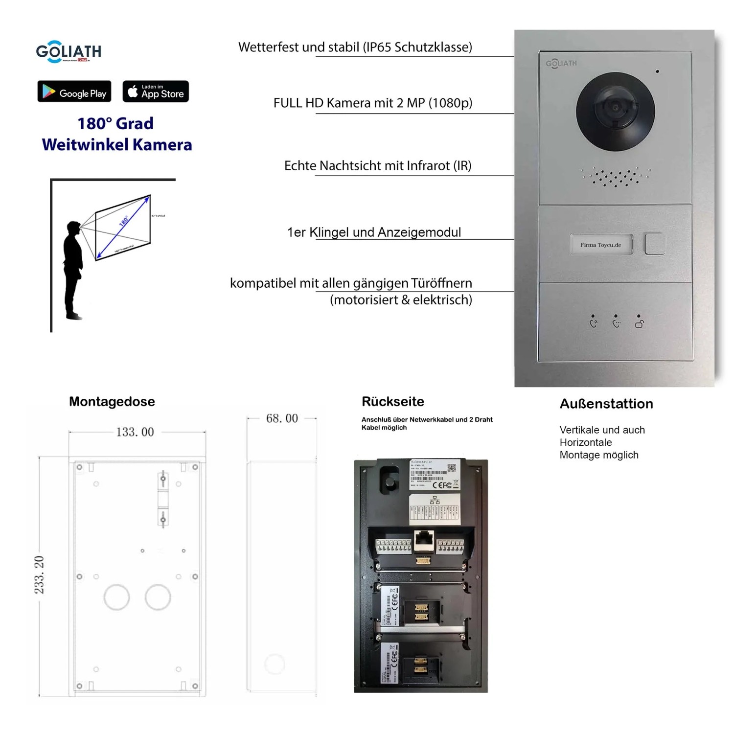 Goliath 2-Draht BUS IP Video Türsprechanlage, 1 Familie, 7 Zoll, schwarz/silber. Komplettset mit HD Kamera.