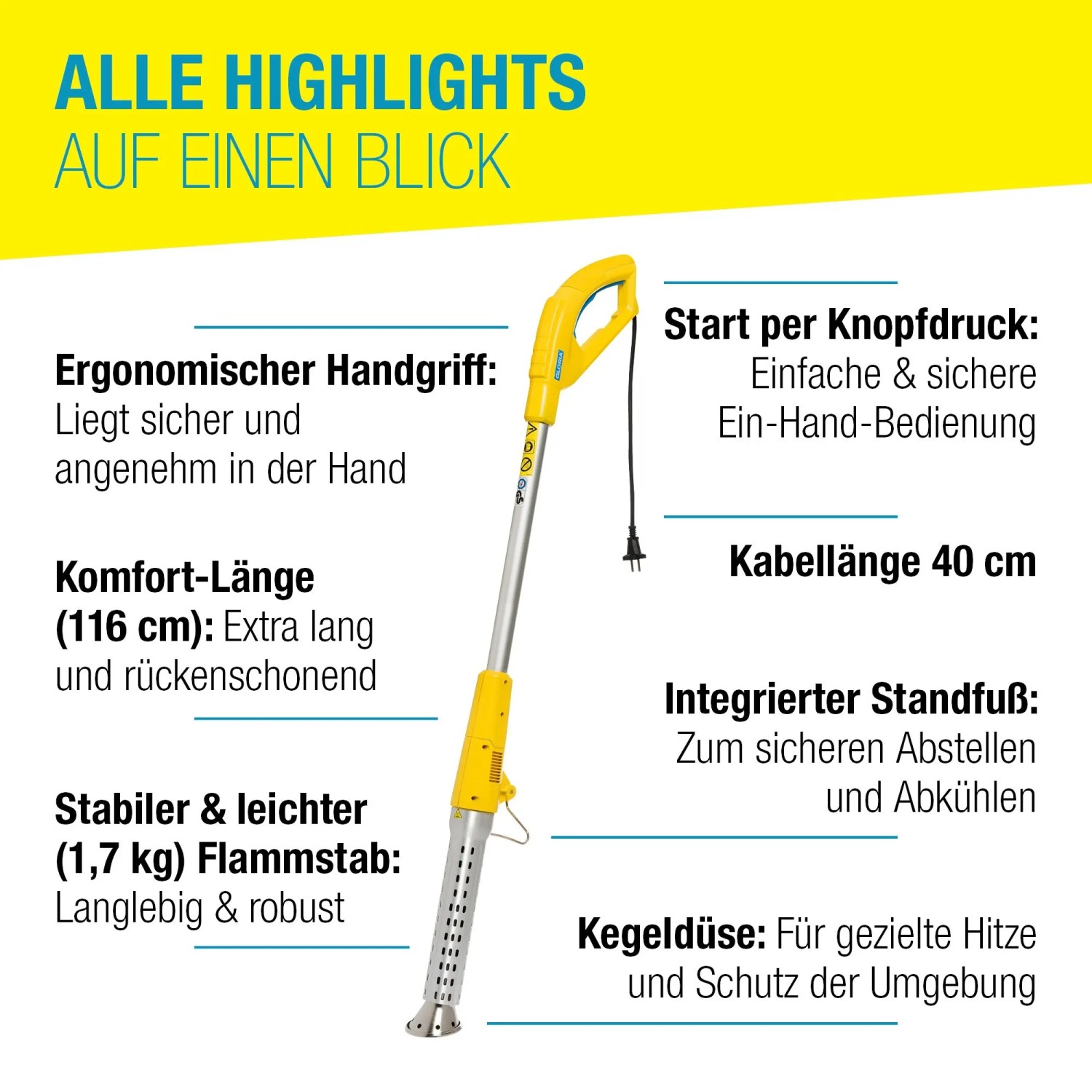 Gloria Thermoflamm Bio Electro Unkrautbrenner mit ergonomischem Griff und Standfuß.