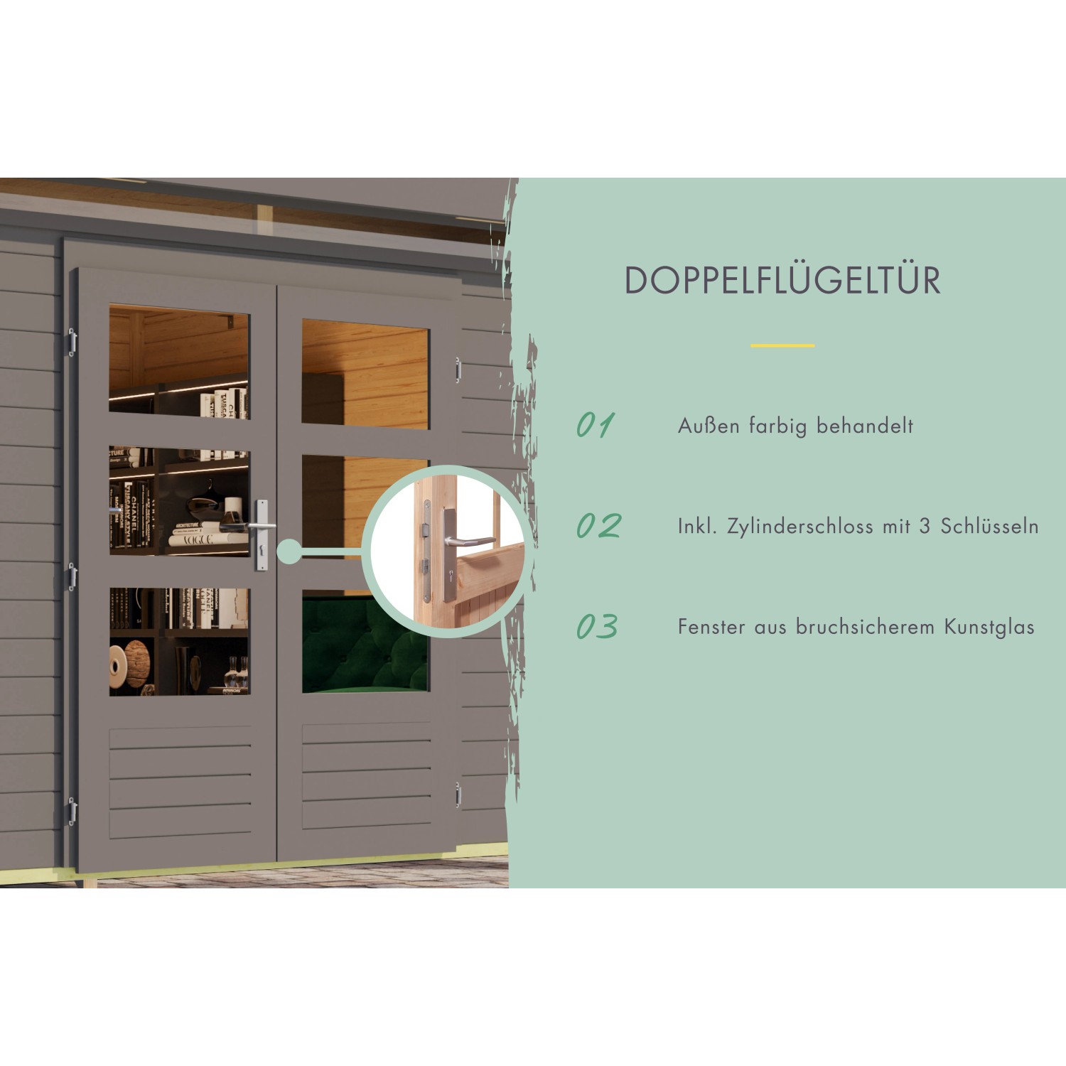 Detailansicht: Doppelflügeltür mit Zylinderschloss des Karibu Gartenhaus Maradi, terragrau.