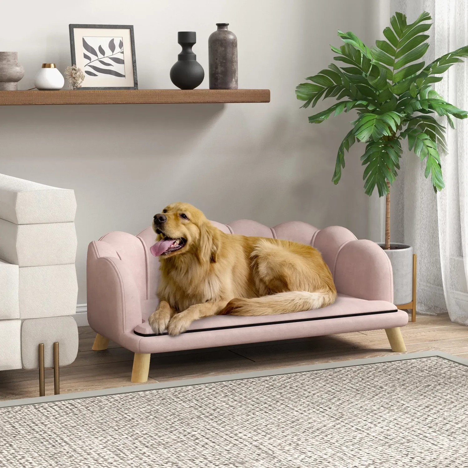 Rosa PawHut Hundesofa mit Hund im Wohnzimmer. Elegantes Hundebett für mittelgroße bis große Hunde.