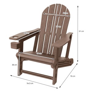 ML-Design Adirondack Stuhl, braun, mit Getränkehalter, aus Kunststoff, Maße eingezeichnet.