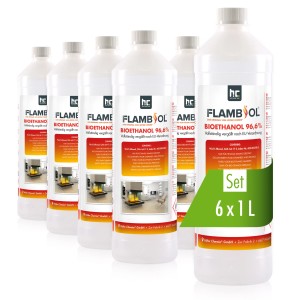 Set: 6 Flaschen Flambiol Bioethanol 96,6% Premium, je 1 Liter für Ethanol-Tischkamine.