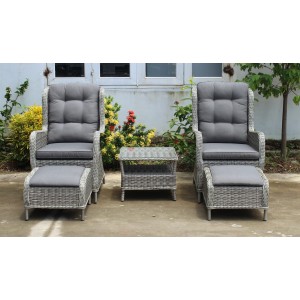 Garden Pleasure Sessel-Set Valencia Grau mit 2 Sesseln, 2 Hockern und Tisch mit Glasplatte.