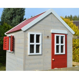 Wendi Toys Kinderspielturm Tiger mit Veranda und Rutsche, Holzhaus mit rotem Dach und Tür.