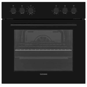 Schwarzes Telefunken Einbauherd-Set mit Backofen, Grill und Umluft, 65 Liter Garraum.