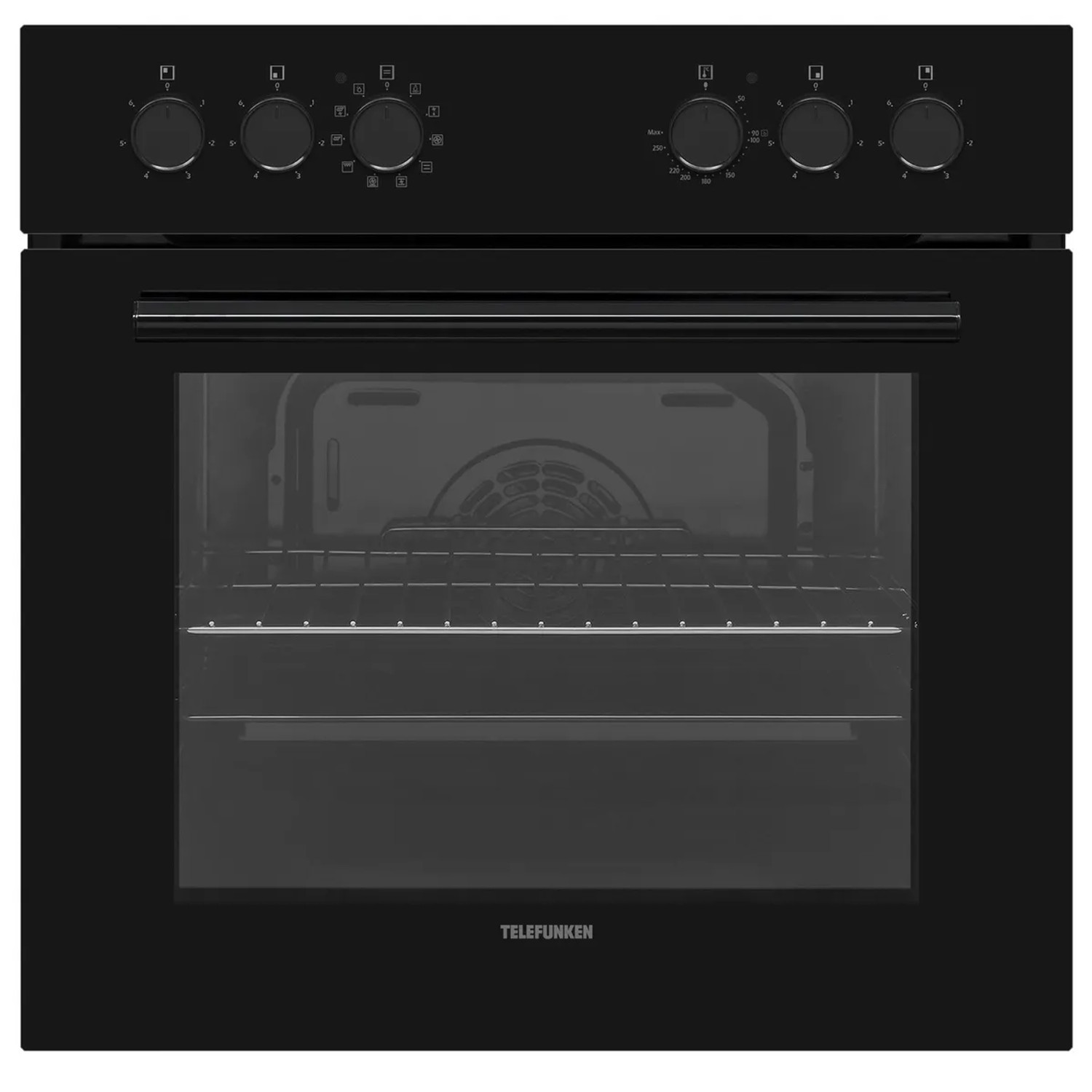 Schwarzes Telefunken Einbauherd-Set mit Backofen, Grill und Umluft, 65 Liter Garraum.