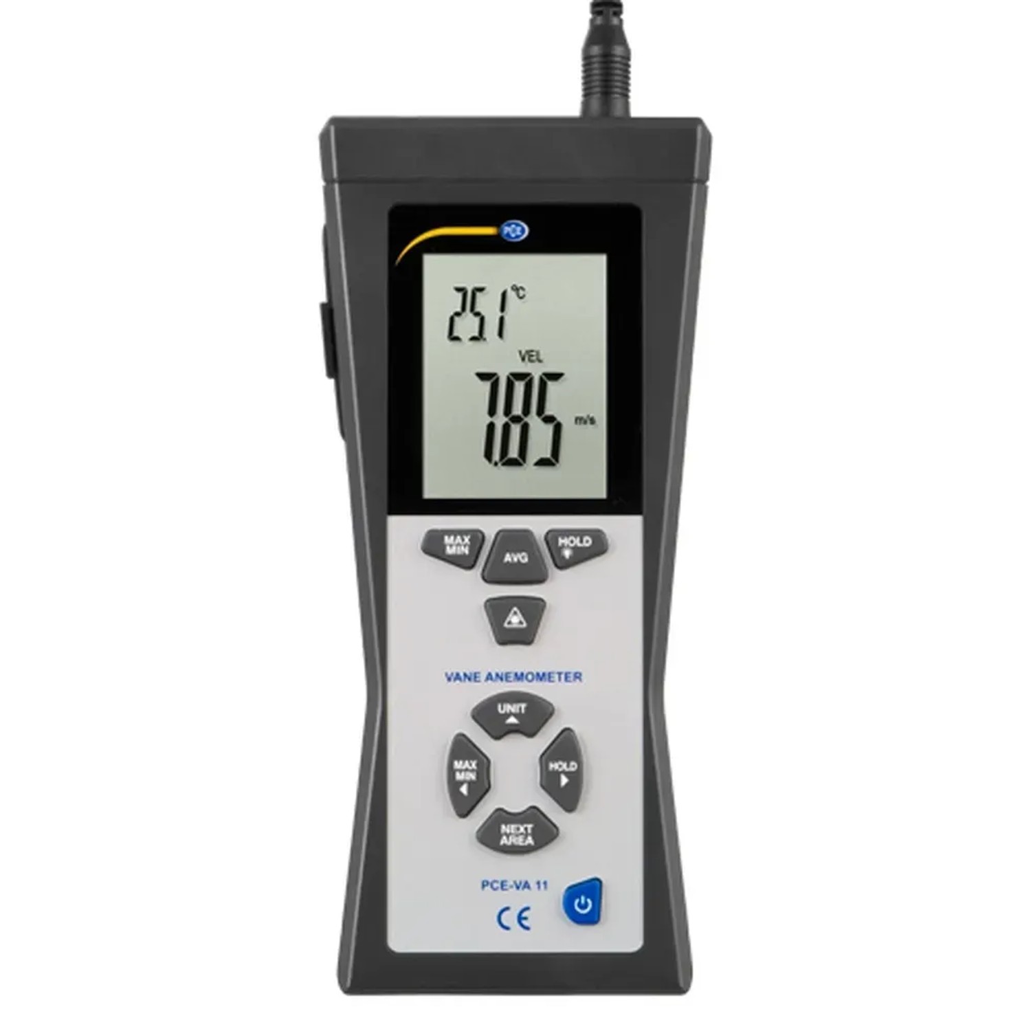 PCE Instruments Anemometer VA 11: Digitales Messgerät für Luftgeschwindigkeit und Temperatur.