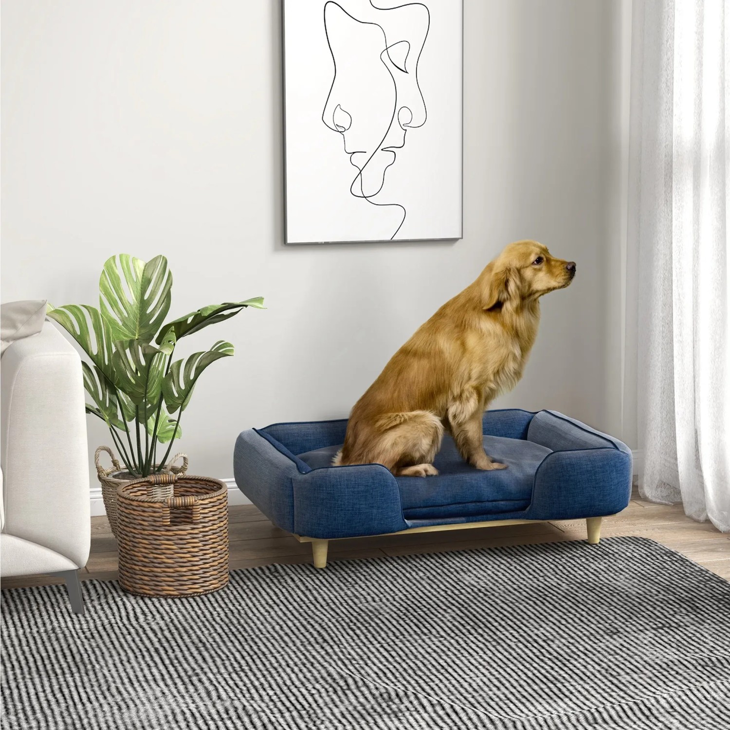 PawHut Hundesofa in Blau mit Kissen und Holzbeinen, ideal für große Hunde.