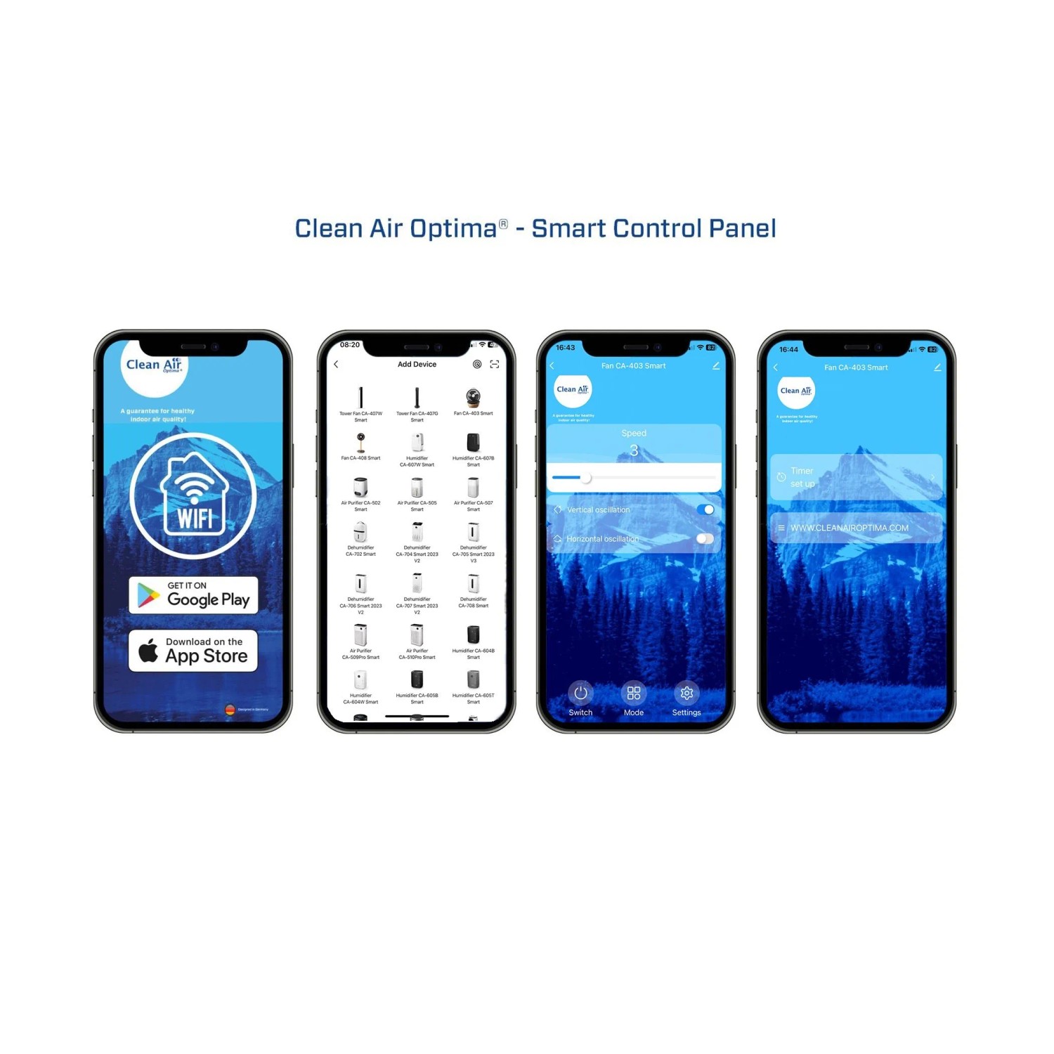 Clean Air Optima Ventilator: Smart Control Panel App auf vier Smartphones.