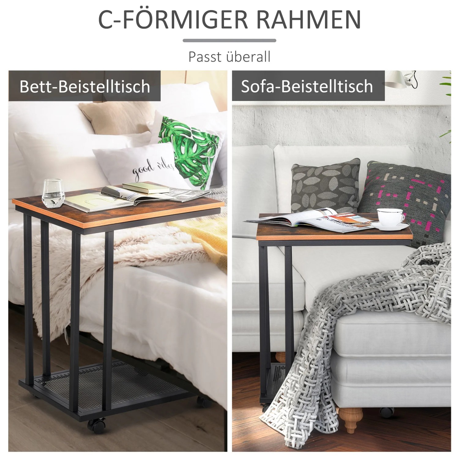 HOMCOM Beistelltisch in C-Form, schwarz/walnuss, als Nachttisch oder Sofatisch nutzbar.
