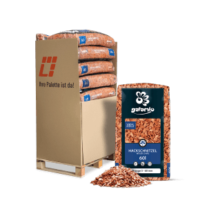 Palette Galamio Holzhackschnitzel Orange, 13 Säcke à 60l. Dekorative Bodenabdeckung für den Garten.