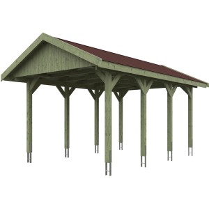 Satteldach-Carport Wallgau, grün mit roten Dachschindeln, Holzkonstruktion.
