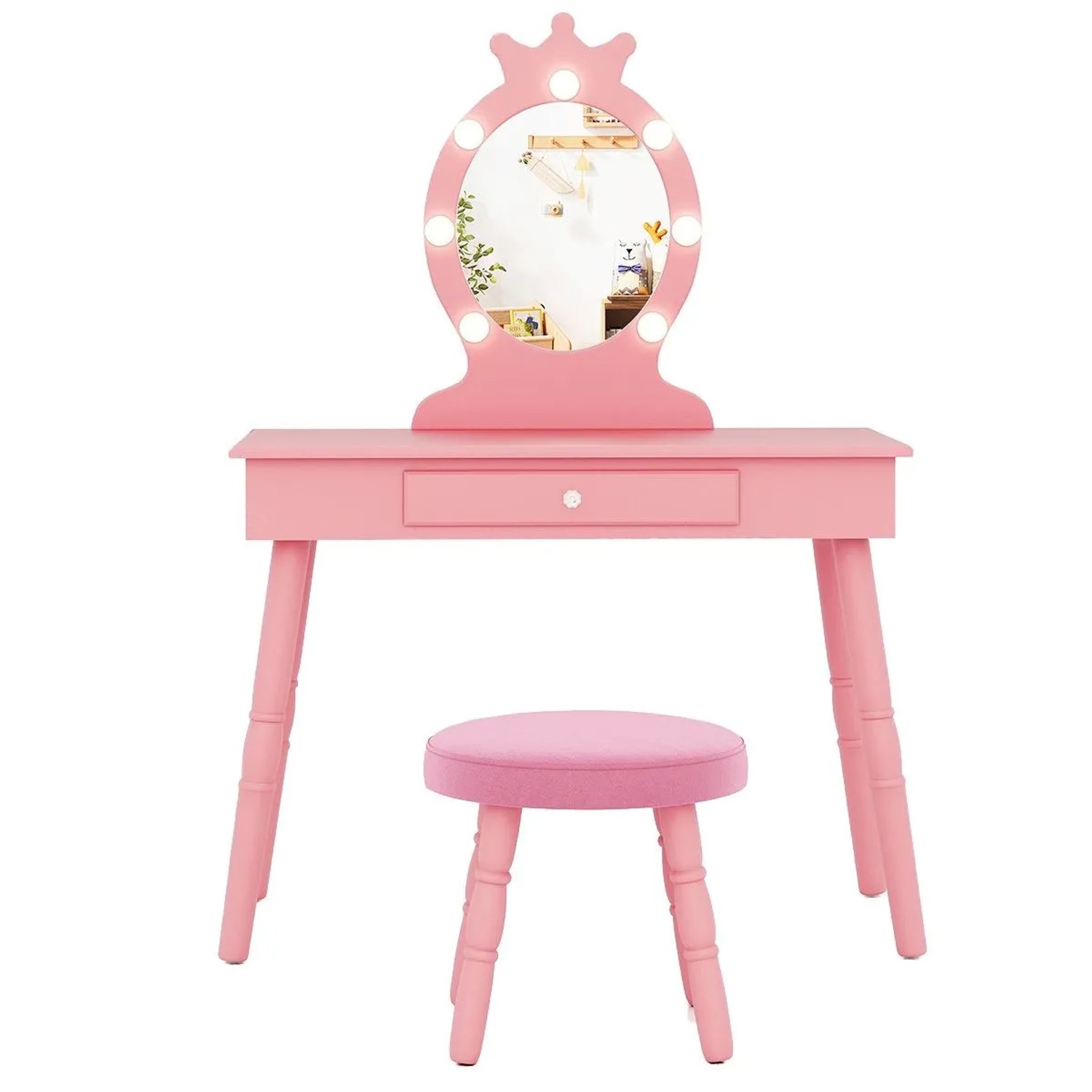 Costway Kinder Schminktisch mit Led & Spiegel für 3-7 Jahre Rosa
