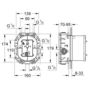 Technische Zeichnung der Grohe Rapido T Unterputz-Thermostatbatterie mit Maßangaben.