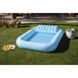 Bestway aufblasbare Wasser Lounge Sonnenliege in hellblau mit Getränkehalter und Kopfstütze.
