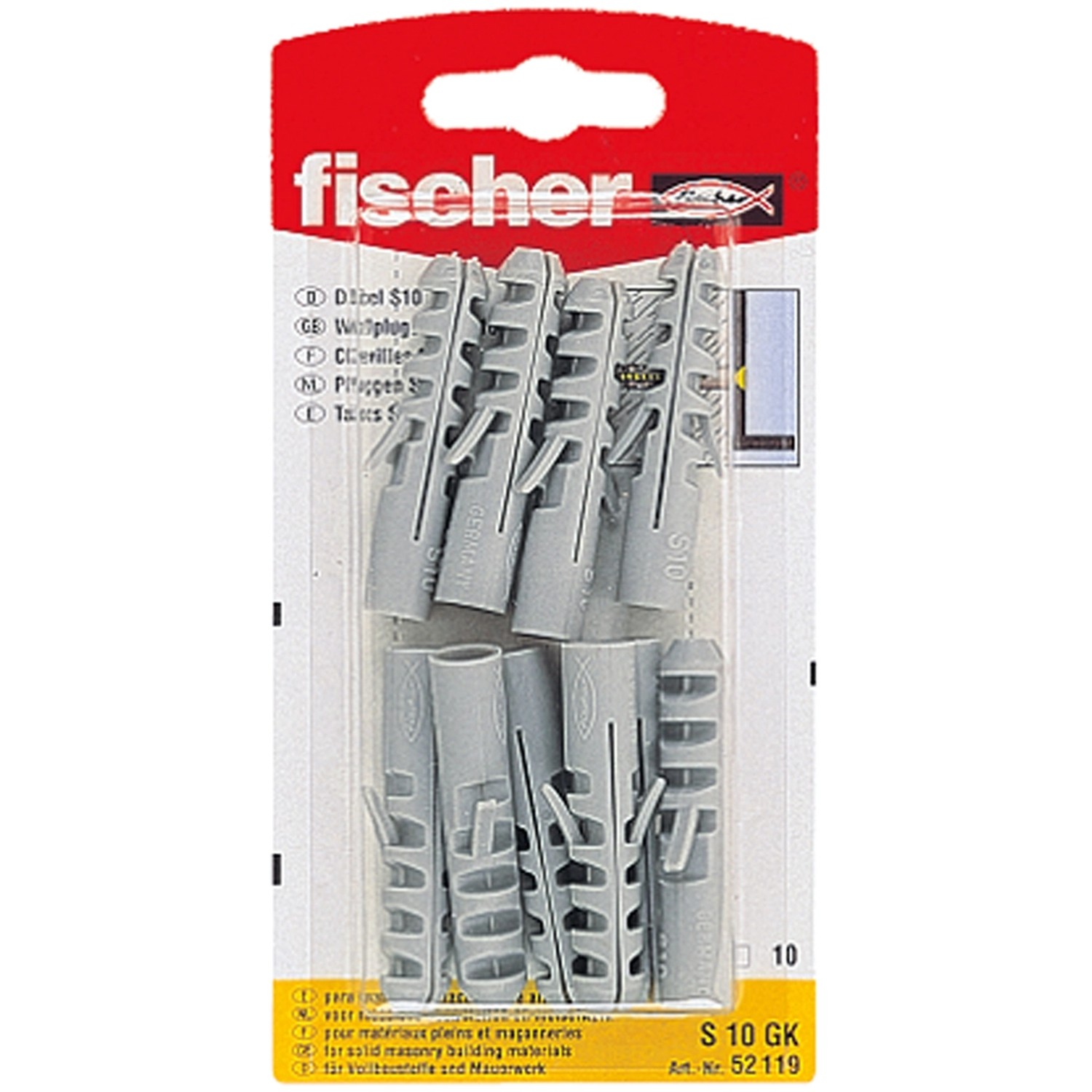 Fischer Spreizdübel S 10 GK, 10er-Packung, geeignet für Beton und Vollziegel.
