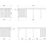 Technische Zeichnung: Palmako Carport Karl mit Geräteraum, Maße und Ansichten.