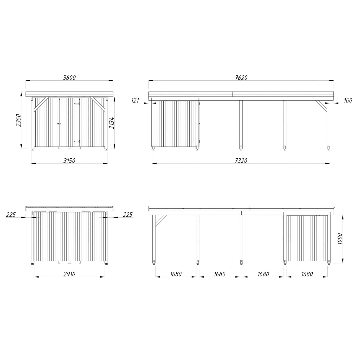 Technische Zeichnung: Palmako Carport Karl mit Geräteraum, Maße und Ansichten.