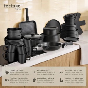 Tectake Küchenstarterset mit Geschirr und Töpfen aus Steingut und Aluminium mit Antihaftbeschichtung.