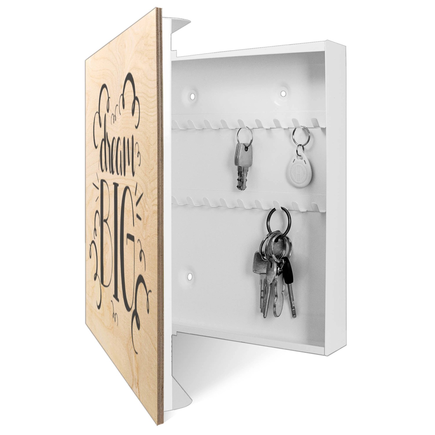 Offener, weißer Banjado Schlüsselkasten mit Holzfront (Motiv Traum Groß) und 50 Haken zur Wandmontage.