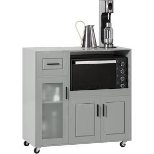Graues SoBuy Sideboard FSB78-HG mit Rollen, Schublade, Glas- und Holztüren als Küchenwagen.
