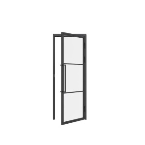 Offene inova Loft Glastür mit schwarzem Rahmen, Griffstange und Zarge (DIN Rechts).
