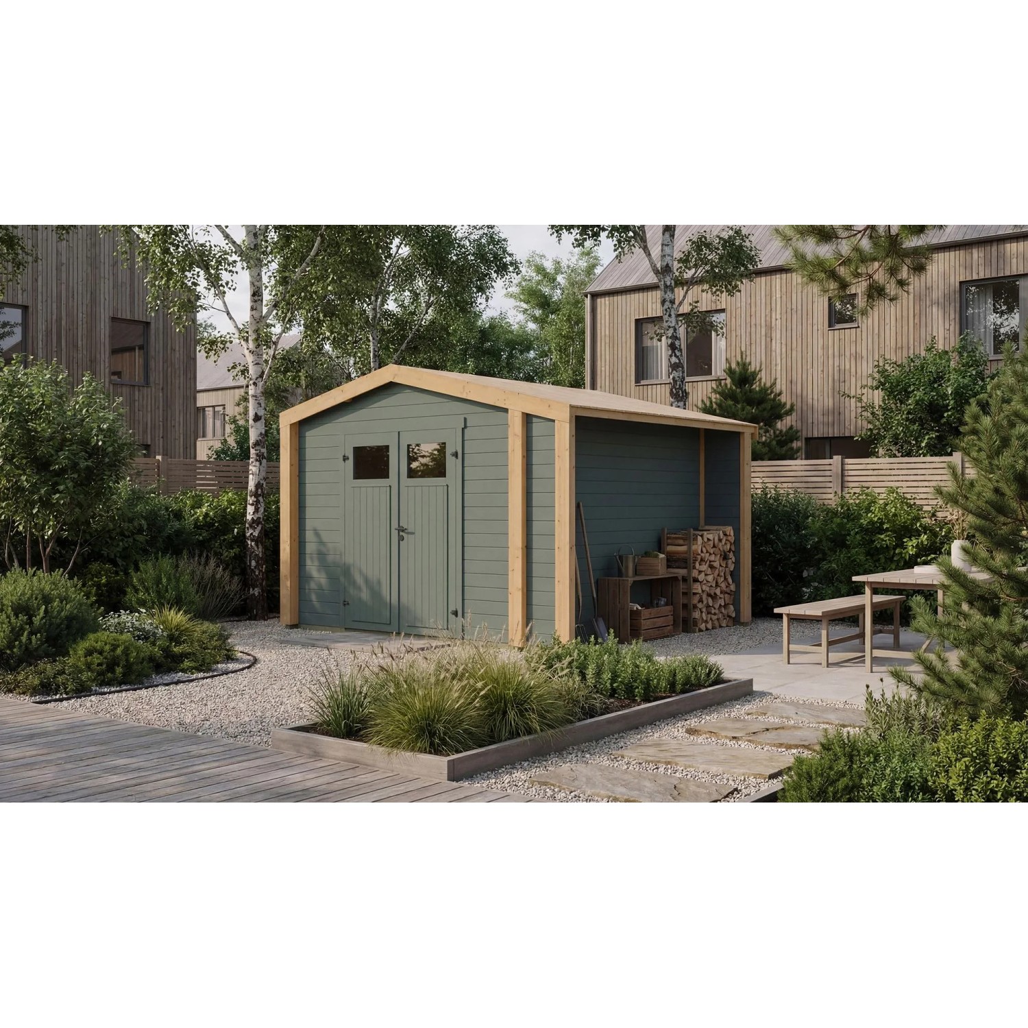 Weka Holz-Gartenhaus Killarney Satteldach Grau-Grün Lasiert 361 cm x 313 cm