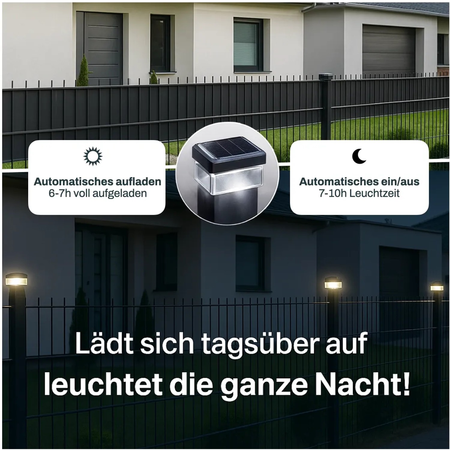 Solar Zaunleuchte 60x60 für Doppelstabmattenzaun. LED Beleuchtung lädt tagsüber, schaltet nachts automatisch ein.