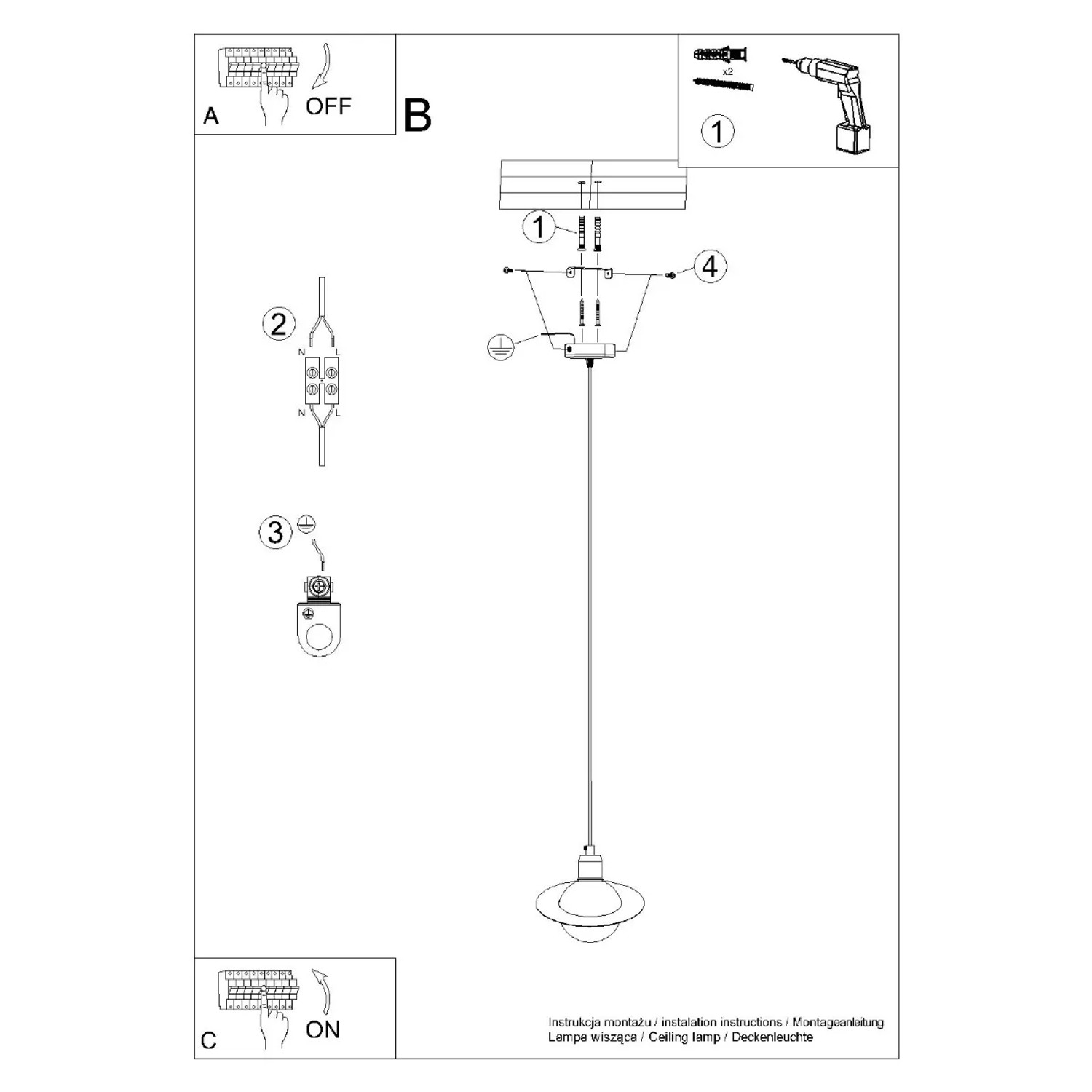 Montageanleitung für Sollux Lighting Hyperion 1 Pendelleuchte, weiße Lampe mit Zubehör.