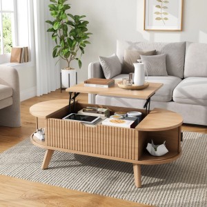 Merax Couchtisch Oval Höhenverstellbar Schiebetüren Stauraum Rillenoptik