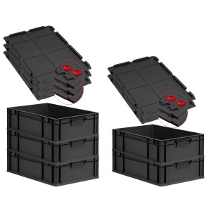 PROREGAL SuperSparSet: Schwarze Euroboxen mit Deckel und roten Verschlüssen, 34 Liter. Aufbewahrungsboxen im Set.