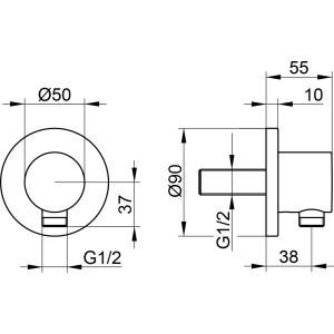 Technische Zeichnung Keuco IXMO Schlauchanschluss 59547, Chrom, Maße und Details.